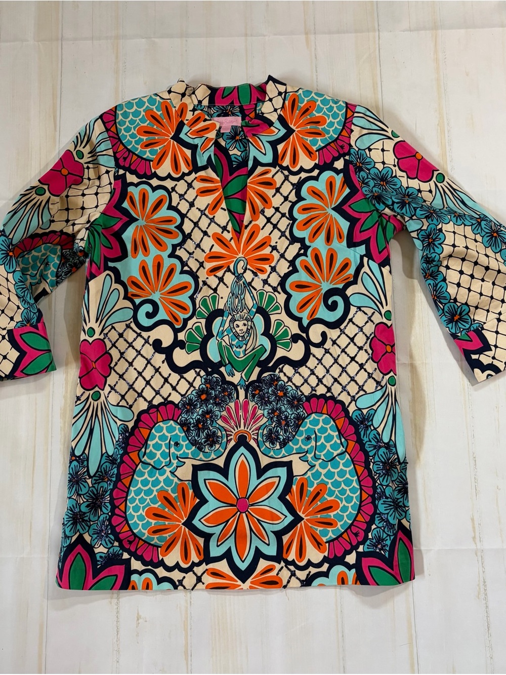 Lilly Pulitzer Teal, Orange & Pink Floral NEWBERRY Tunic - Size Large